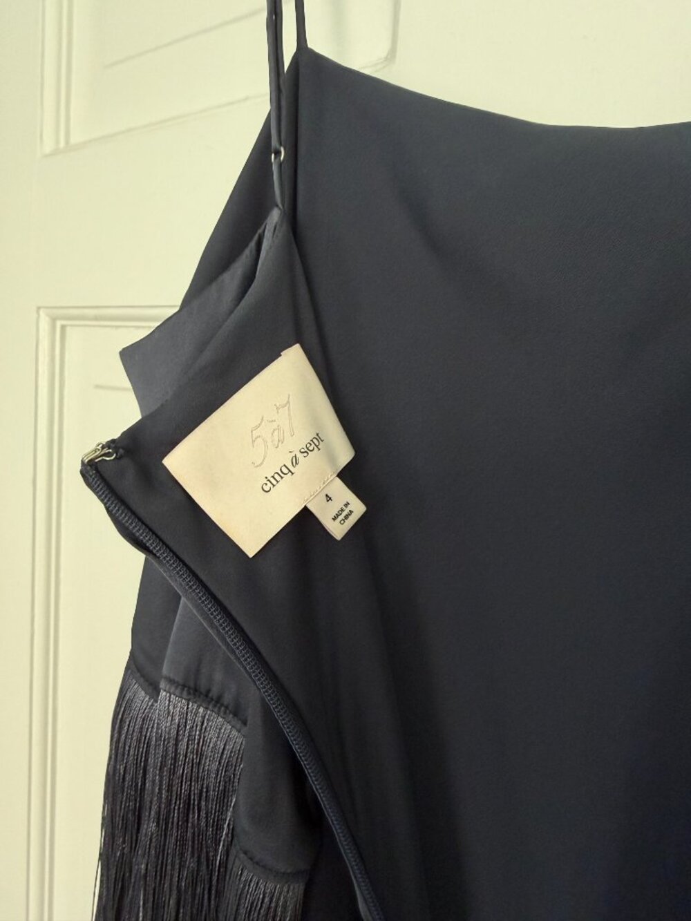 Cinq à Sept Eastwood Fringe Silk-Satin Midi Dress Square Neck Navy Blue - Picture 6 of 6